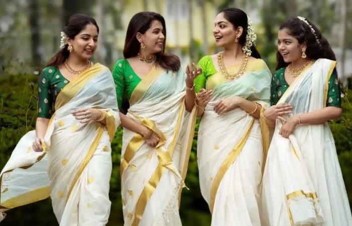 Kerala Saree With Green Raw Silk Blouse